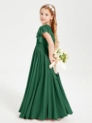 Abiti Damigella Junior In Chiffon Pizzo Maniche A Farfalla Scollo Rotondo Verde Scuro