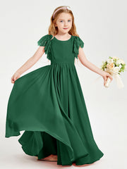 Abiti Damigella Junior In Chiffon Pizzo Maniche A Farfalla Scollo Rotondo Verde Scuro