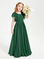 Abiti Damigella Junior In Chiffon Pizzo Maniche A Farfalla Scollo Rotondo Verde Scuro