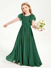 Abiti Damigella Junior In Chiffon Pizzo Maniche A Farfalla Scollo Rotondo Verde Scuro