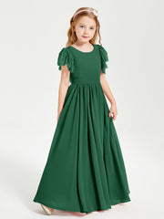 Abiti Damigella Junior In Chiffon Pizzo Maniche A Farfalla Scollo Rotondo Verde Scuro