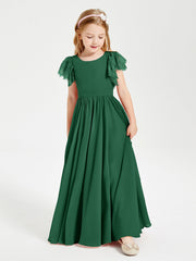 Abiti Damigella Junior In Chiffon Pizzo Maniche A Farfalla Scollo Rotondo Verde Scuro