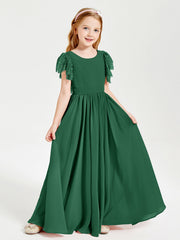 Abiti Damigella Junior In Chiffon Pizzo Maniche A Farfalla Scollo Rotondo Verde Scuro