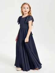 Abiti Damigella Junior In Chiffon Pizzo Maniche A Farfalla Scollo Rotondo Blu Scuro