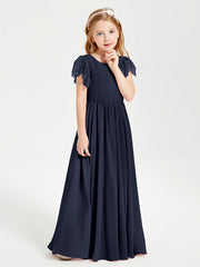 Abiti Damigella Junior In Chiffon Pizzo Maniche A Farfalla Scollo Rotondo Blu Scuro