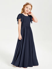 Abiti Damigella Junior In Chiffon Pizzo Maniche A Farfalla Scollo Rotondo Blu Scuro