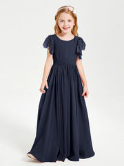 Abiti Damigella Junior In Chiffon Pizzo Maniche A Farfalla Scollo Rotondo Blu Scuro