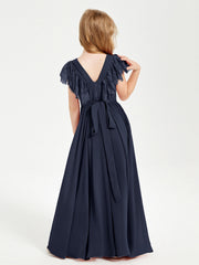 Abiti Damigella Junior In Chiffon Pizzo Maniche A Farfalla Scollo Rotondo Blu Scuro