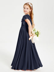 Abiti Damigella Junior In Chiffon Pizzo Maniche A Farfalla Scollo Rotondo Blu Scuro