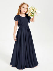 Abiti Damigella Junior In Chiffon Pizzo Maniche A Farfalla Scollo Rotondo Blu Scuro
