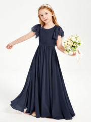 Abiti Damigella Junior In Chiffon Pizzo Maniche A Farfalla Scollo Rotondo Blu Scuro