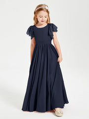 Abiti Damigella Junior In Chiffon Pizzo Maniche A Farfalla Scollo Rotondo Blu Scuro