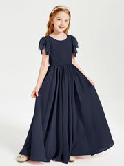 Abiti Damigella Junior In Chiffon Pizzo Maniche A Farfalla Scollo Rotondo Blu Scuro
