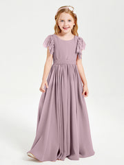 Abiti Damigella Junior In Chiffon Pizzo Maniche A Farfalla Scollo Rotondo Crepuscolo