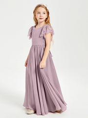 Abiti Damigella Junior In Chiffon Pizzo Maniche A Farfalla Scollo Rotondo Crepuscolo