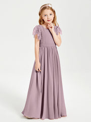 Abiti Damigella Junior In Chiffon Pizzo Maniche A Farfalla Scollo Rotondo Crepuscolo