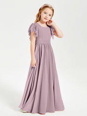 Abiti Damigella Junior In Chiffon Pizzo Maniche A Farfalla Scollo Rotondo Crepuscolo