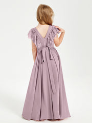 Abiti Damigella Junior In Chiffon Pizzo Maniche A Farfalla Scollo Rotondo Crepuscolo
