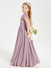 Abiti Damigella Junior In Chiffon Pizzo Maniche A Farfalla Scollo Rotondo Crepuscolo