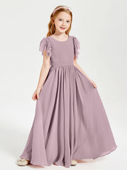Abiti Damigella Junior In Chiffon Pizzo Maniche A Farfalla Scollo Rotondo Crepuscolo