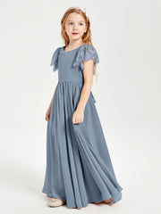 Abiti Damigella Junior In Chiffon Pizzo Maniche A Farfalla Scollo Rotondo Azzurro Polvere
