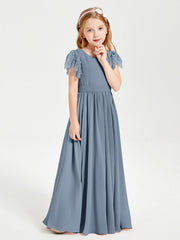 Abiti Damigella Junior In Chiffon Pizzo Maniche A Farfalla Scollo Rotondo Azzurro Polvere