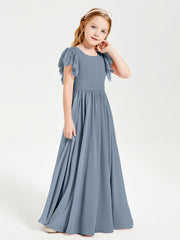 Abiti Damigella Junior In Chiffon Pizzo Maniche A Farfalla Scollo Rotondo Azzurro Polvere