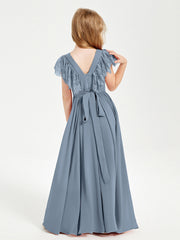 Abiti Damigella Junior In Chiffon Pizzo Maniche A Farfalla Scollo Rotondo Azzurro Polvere