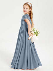 Abiti Damigella Junior In Chiffon Pizzo Maniche A Farfalla Scollo Rotondo Azzurro Polvere