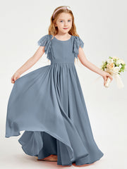 Abiti Damigella Junior In Chiffon Pizzo Maniche A Farfalla Scollo Rotondo Azzurro Polvere