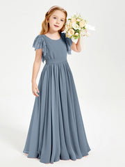 Abiti Damigella Junior In Chiffon Pizzo Maniche A Farfalla Scollo Rotondo Azzurro Polvere