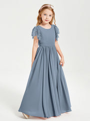 Abiti Damigella Junior In Chiffon Pizzo Maniche A Farfalla Scollo Rotondo Azzurro Polvere