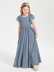 Abiti Damigella Junior In Chiffon Pizzo Maniche A Farfalla Scollo Rotondo Azzurro Polvere