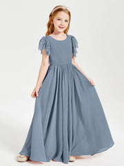 Abiti Damigella Junior In Chiffon Pizzo Maniche A Farfalla Scollo Rotondo Azzurro Polvere