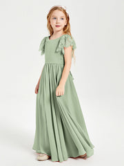Abiti Damigella Junior In Chiffon Pizzo Maniche A Farfalla Scollo Rotondo Salvia Polvere
