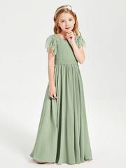 Abiti Damigella Junior In Chiffon Pizzo Maniche A Farfalla Scollo Rotondo Salvia Polvere