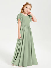 Abiti Damigella Junior In Chiffon Pizzo Maniche A Farfalla Scollo Rotondo Salvia Polvere