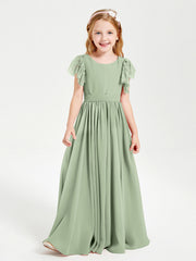 Abiti Damigella Junior In Chiffon Pizzo Maniche A Farfalla Scollo Rotondo Salvia Polvere