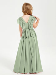 Abiti Damigella Junior In Chiffon Pizzo Maniche A Farfalla Scollo Rotondo Salvia Polvere