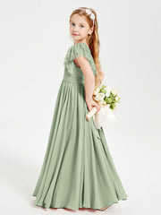 Abiti Damigella Junior In Chiffon Pizzo Maniche A Farfalla Scollo Rotondo Salvia Polvere