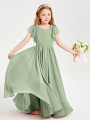 Abiti Damigella Junior In Chiffon Pizzo Maniche A Farfalla Scollo Rotondo Salvia Polvere