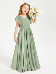 Abiti Damigella Junior In Chiffon Pizzo Maniche A Farfalla Scollo Rotondo Salvia Polvere