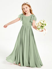 Abiti Damigella Junior In Chiffon Pizzo Maniche A Farfalla Scollo Rotondo Salvia Polvere