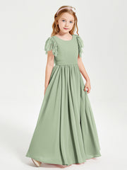 Abiti Damigella Junior In Chiffon Pizzo Maniche A Farfalla Scollo Rotondo Salvia Polvere