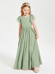 Abiti Damigella Junior In Chiffon Pizzo Maniche A Farfalla Scollo Rotondo Salvia Polvere