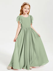 Abiti Damigella Junior In Chiffon Pizzo Maniche A Farfalla Scollo Rotondo Salvia Polvere