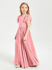 Abiti Damigella Junior In Chiffon Pizzo Maniche A Farfalla Scollo Rotondo Fenicottero