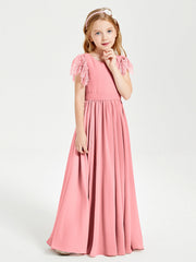 Abiti Damigella Junior In Chiffon Pizzo Maniche A Farfalla Scollo Rotondo Fenicottero