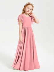 Abiti Damigella Junior In Chiffon Pizzo Maniche A Farfalla Scollo Rotondo Fenicottero