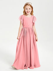 Abiti Damigella Junior In Chiffon Pizzo Maniche A Farfalla Scollo Rotondo Fenicottero